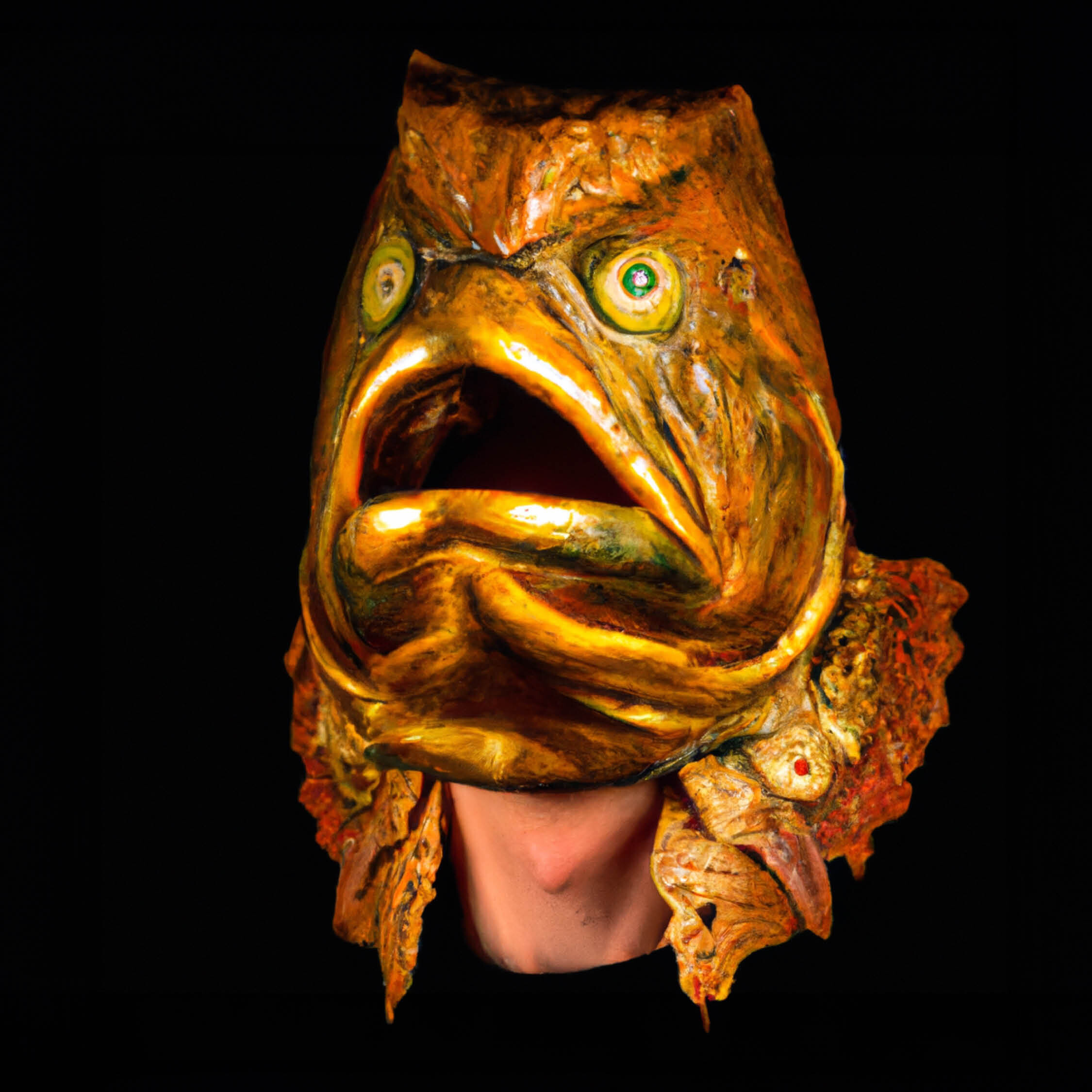 mann mit goldener fisch maske